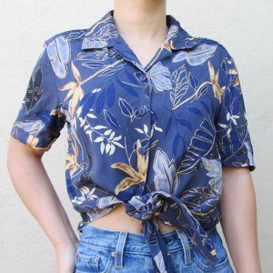 Vintage Silk Hawaiian Tie Front Short Sleeve Top